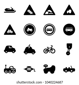 Solid vector icon set - snowmobile vector, multi lane traffic road sign, embankment, tractor way, for moto, no, bus, car, electric, bike, piston, moon rover, jack, baby, toy