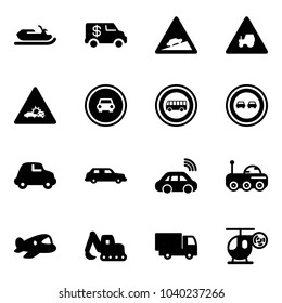 Solid vector icon set - snowmobile vector, encashment car, climb road sign, tractor way, crash, no, bus, overtake, limousine, wireless, moon rover, plane toy, excavator, truck, helicopter