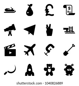Solid vector icon set - snowmobile vector, pear, pound, account history, telescope, paper fly, victory, pool, movie flap, plane, clamp, shovel, sickle, rocket, bear toy, monster