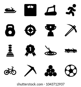 Solid vector icon set - snowmobile vector, floor scales, treadmill, run, weight, target, cup, job, chess queen, gold medal, fishing, cabrio, bike, axe, billiards balls, soccer ball