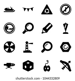 Solid vector icon set - snowmobile vector, flag garland, round motion road sign, no parkin odd, trailer, magnifier, highlight marker, pennant, parasol, lighthouse, nut, pipe welding, cube toy, yoyo