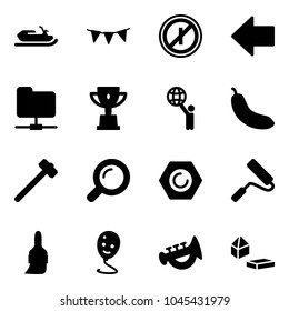 Solid vector icon set - snowmobile vector, flag garland, no parkin odd, left arrow, network folder, win cup, world, banana, sledgehammer, magnifier, nut, paint roller, brush, balloon smile, horn toy