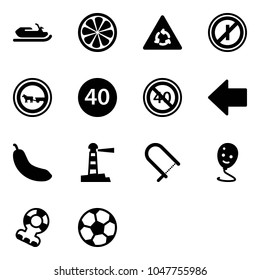 Solid vector icon set - snowmobile vector, lemon slice, round motion road sign, no parkin odd, cart horse, minimal speed limit, end, left arrow, banana, lighthouse, fretsaw, balloon smile, teethers