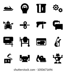 Solid vector icon set - snowmobile vector, mri, atm, gear, robot, steel rolling, drill machine, tool, jig saw, cocncrete mixer, generator, winch, welding, sharpening, excavator toy