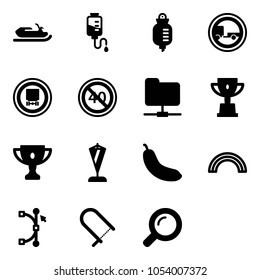 Solid vector icon set - snowmobile vector, drop counter, no trailer road sign, dangerous cargo, end minimal speed limit, network folder, win cup, gold, pennant, banana, rainbow, bezier, fretsaw