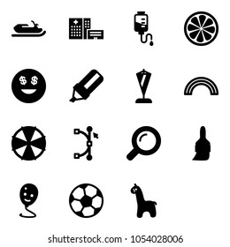 Solid vector icon set - snowmobile vector, hospital building, drop counter, lemon slice, dollar smile, highlight marker, pennant, rainbow, parasol, bezier, magnifier, brush, balloon, soccer ball