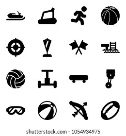 Solid vector icon set - snowmobile vector, treadmill, run, basketball ball, target, pennant, flags cross, pool, volleyball, gyroscope, skateboard, piston, protective glasses, beach, bow, football