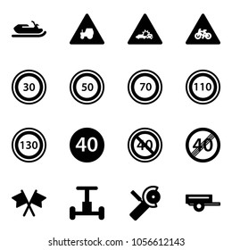 Solid vector icon set - snowmobile vector, tractor way road sign, car crash, for moto, speed limit 30, 50, 70, 110, 130, minimal, end, flags cross, gyroscope, Angular grinder, trailer