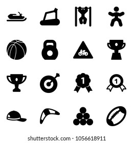 Solid vector icon set - snowmobile vector, treadmill, pull ups, gymnastics, basketball ball, weight, road for moto sign, cup, gold, target, medal, cap, boomerang, billiards balls, football