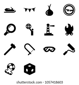 Solid vector icon set - snowmobile vector, flag garland, onion, no cart horse road sign, magnifier, world, lighthouse, fire, sledgehammer, fretsaw, protective glasses, paint roller, teethers