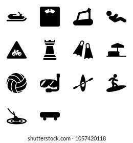 Solid vector icon set - snowmobile vector, floor scales, treadmill, abdominal muscles, road for moto sign, chess tower, flippers, inflatable pool, volleyball, diving, kayak, surfing, fishing