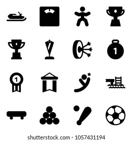 Solid vector icon set - snowmobile vector, floor scales, gymnastics, cup, win, pennant, solution, gold medal, flying man, pool, skateboard, billiards balls, baseball bat, soccer ball