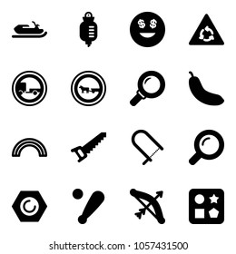Solid vector icon set - snowmobile vector, drop counter, dollar smile, round motion road sign, no trailer, cart horse, magnifier, banana, rainbow, saw, fretsaw, nut, baseball bat, bow, cube hole toy