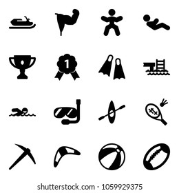 Solid vector icon set - snowmobile vector, power hand, gymnastics, abdominal muscles, gold cup, medal, flippers, pool, swimming, diving, kayak, badminton, axe, boomerang, beach ball, football