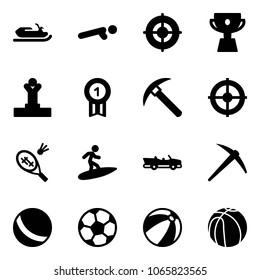 Solid vector icon set - snowmobile vector, push ups, target, cup, winner, gold medal, rock axe, badminton, surfing, cabrio, ball, soccer, beach, basketball