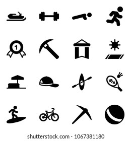 Solid vector icon set - snowmobile vector, barbell, push ups, run, gold medal, rock axe, pennant, mat, inflatable pool, cap, kayak, badminton, surfing, bike, ball