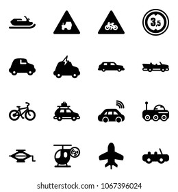 Solid vector icon set - snowmobile vector, tractor way road sign, for moto, limited height, car, electric, limousine, cabrio, bike, baggage, wireless, moon rover, jack, helicopter toy, plane