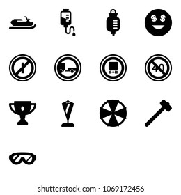 Solid vector icon set - snowmobile vector, drop counter, dollar smile, no parkin odd, trailer road sign, dangerous cargo, end minimal speed limit, gold cup, pennant, parasol, sledgehammer