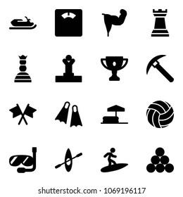Solid vector icon set - snowmobile vector, floor scales, power hand, chess tower, queen, winner, gold cup, rock axe, flags cross, flippers, inflatable pool, volleyball, diving, kayak, surfing