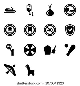 Solid vector icon set - snowmobile vector, drop counter, onion, no trailer road sign, dangerous cargo, end minimal speed limit, shield check, world, parasol, bucket scoop, baseball bat, bow