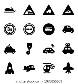 Solid vector icon set - snowmobile vector, embankment road sign, tractor way, car crash, limited height, no overtake, bus, electric, piston, wireless, toy, rocket, plane, helicopter