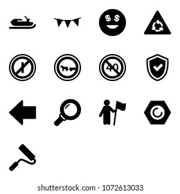 Solid vector icon set - snowmobile vector, flag garland, dollar smile, round motion road sign, no parkin odd, cart horse, end minimal speed limit, shield check, left arrow, magnifier, win, nut