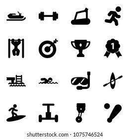 Solid vector icon set - snowmobile vector, barbell, treadmill, run, pull ups, target, gold cup, medal, pool, swimming, diving, kayak, surfing, gyroscope, piston, baseball bat