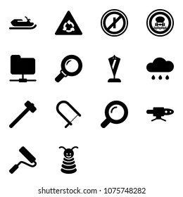 Solid vector icon set - snowmobile vector, round motion road sign, no parkin odd, dangerous cargo, network folder, magnifier, pennant, rain cloud, sledgehammer, fretsaw, pipe welding, paint roller