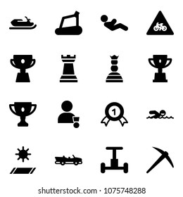 Solid vector icon set - snowmobile vector, treadmill, abdominal muscles, road for moto sign, cup, chess tower, queen, win, gold, winner, medal, swimming, mat, cabrio, gyroscope, axe