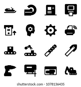 Solid vector icon set - snowmobile vector, mri, atm, brain work, gear, printer wireless, conveyor, drill, tile, jig saw, generator, excavator toy