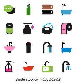 solid vector icon set - soap vector, towel, bath, liquid, cleaning agent, toilet paper, shower, sink