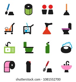 solid vector icon set - soap vector, plunger, cleaner trolley, toilet, brush, cleaning agent, paper, water closet, sink