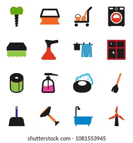 solid vector icon set - soap vector, plunger, scraper, cleaner trolley, broom, scoop, sponge, bath, drying clothes, washer, liquid, shining window, toilet paper, tooth implant, windmill