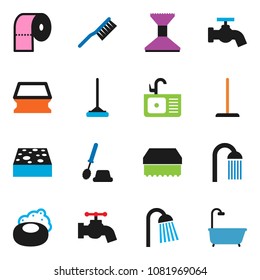 solid vector icon set - soap vector, fetlock, mop, sponge, water tap, car, toilet brush, paper, shower, sink, bath