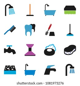 solid vector icon set - soap vector, water tap, fetlock, mop, sponge, car, bath, toilet brush, shower, tooth