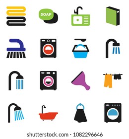 solid vector icon set - soap vector, scraper, fetlock, towel, bath, drying clothes, washer, washing powder, shower, sink