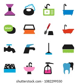 solid vector icon set - soap vector, water tap, mop, sponge, car fetlock, bath, toilet brush, liquid, sink, tooth