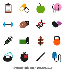 solid vector icon set - soap vector, potato, diet, barbell, stopwatch, clipboard, buttocks, pills, fitness mat, cereals, weight, dna, syringe, scalpel, drop counter