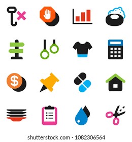 solid vector icon set - soap vector, water drop, plates, clipboard, paper pin, graph, t shirt, gymnast rings, signpost, no hook, pills, stop, dollar coin, home, calculator, coupon