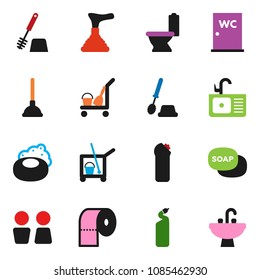 solid vector icon set - soap vector, plunger, cleaner trolley, toilet, brush, cleaning agent, paper, water closet, sink