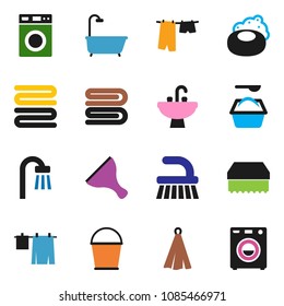 solid vector icon set - soap vector, scraper, fetlock, bucket, sponge, towel, drying clothes, washer, washing powder, sink, bath