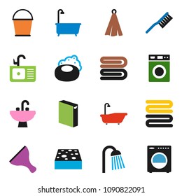 solid vector icon set - soap vector, scraper, fetlock, bucket, sponge, towel, bath, washer, washing powder, shower, sink