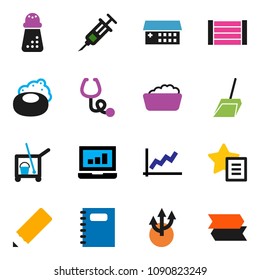 Solid Vector Icon Set - Soap Vector, Cleaner Trolley, Scoop, Foam Basin, Hand Mill, Copybook, Pencil, Graph, Laptop, Wood Box, Syringe, Stethoscope, Hospital Building, Favorites, Route Arrow