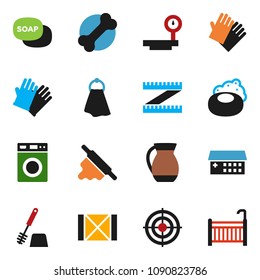 Solid Vector Icon Set - Soap Vector, Towel, Toilet Brush, Washer, Rubber Glove, Rolling Pin, Jug, Measuring, Target, Bone, Wood Box, Big Scales, Hospital Building, Crib