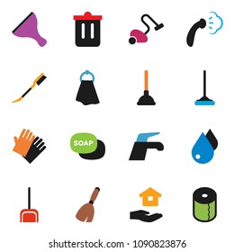 solid vector icon set - soap vector, plunger, scraper, broom, water tap, vacuum cleaner, mop, scoop, towel, trash bin, drop, car fetlock, steaming, rubber glove, house hold, toilet paper