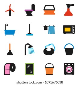 solid vector icon set - soap vector, plunger, mop, bucket, sponge, window cleaning, bath, toilet, drying clothes, paper, shower, microwave oven, windmill, washer