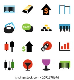 solid vector icon set - soap vector, graph, gold ingot, japanese candle, dollar growth, horizontal bar, glass, barcode