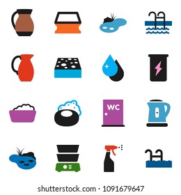 solid vector icon set - soap vector, sponge, water drop, foam basin, sprayer, closet, kettle, double boiler, jug, enegry drink, pool, pond