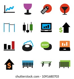 solid vector icon set - soap vector, graph, japanese candle, laptop, dollar growth, horizontal bar, glass, barcode