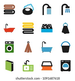 solid vector icon set - soap vector, bucket, sponge, towel, bath, washer, washing powder, shower, sink